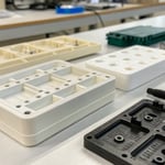 Close-up shot of various injection molded parts on a workbench.