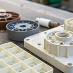 Close-up of injection molded plastic components showing flash defects