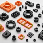A detailed view of various injection-molded plastic components showcasing different shapes and colors.