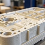 Close-up of an injection molded plastic part showing sprue marks and textures.