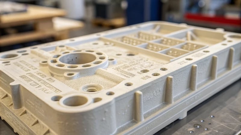 Close-up of an injection molded plastic part showing sprue marks and textures.