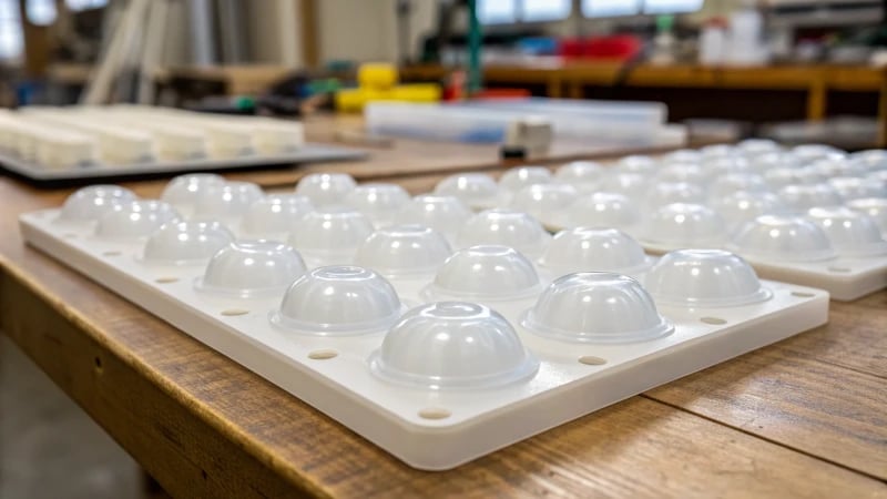 Close-up of glossy injection molded plastic parts on a workbench