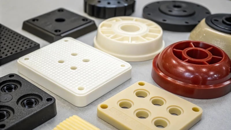 Close-up of injection molded plastic parts with various finishes