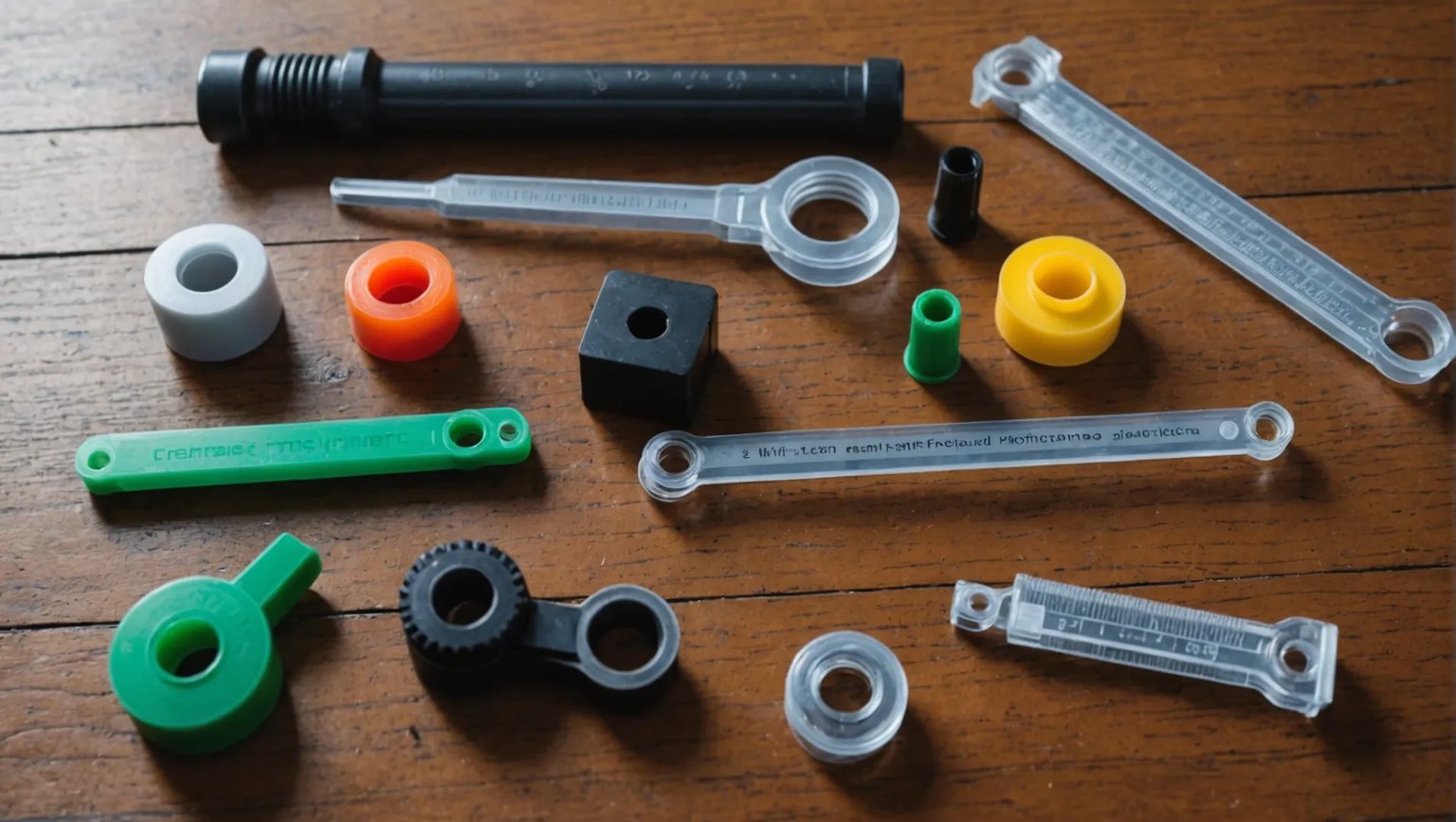 Different types of injection molded plastics on a table