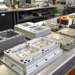 Injection molded products with visible defects on a workbench