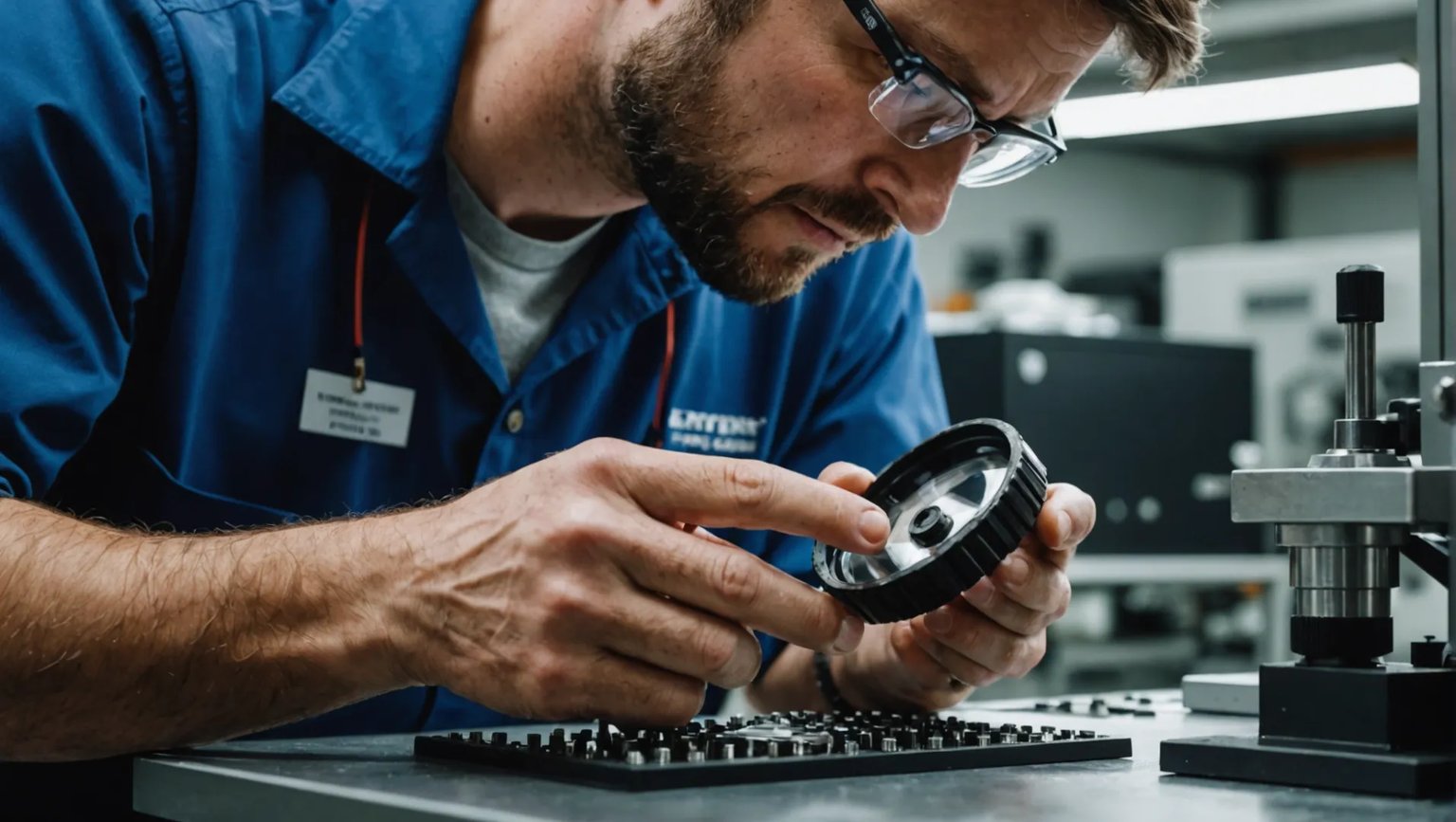 Engineer inspecting burrs on injection molded product