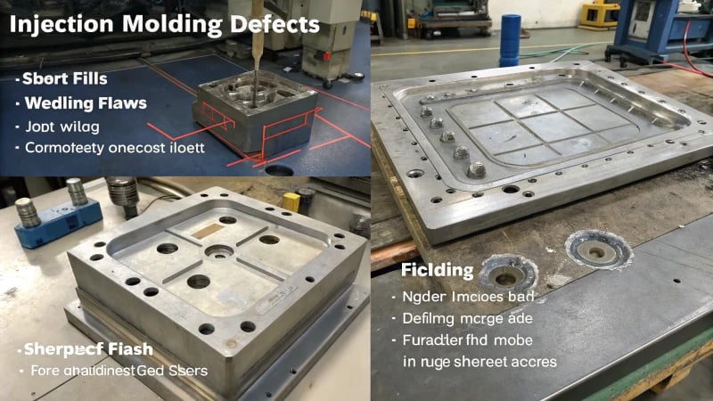 Collage of injection molding defects on a production floor