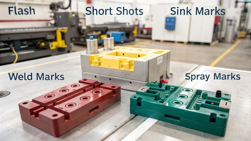 Educational diagram illustrating plastic injection molding defects