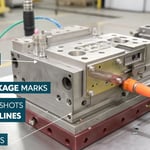 Diagram of injection molding defects including flash, shrinkage marks, weld lines, bubbles, and short shots