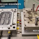 Technical diagram of injection molding showing single vs multi-cavity mold pressure
