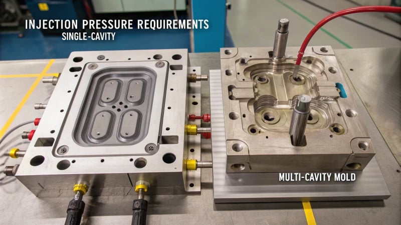 Technical diagram of injection molding showing single vs multi-cavity mold pressure