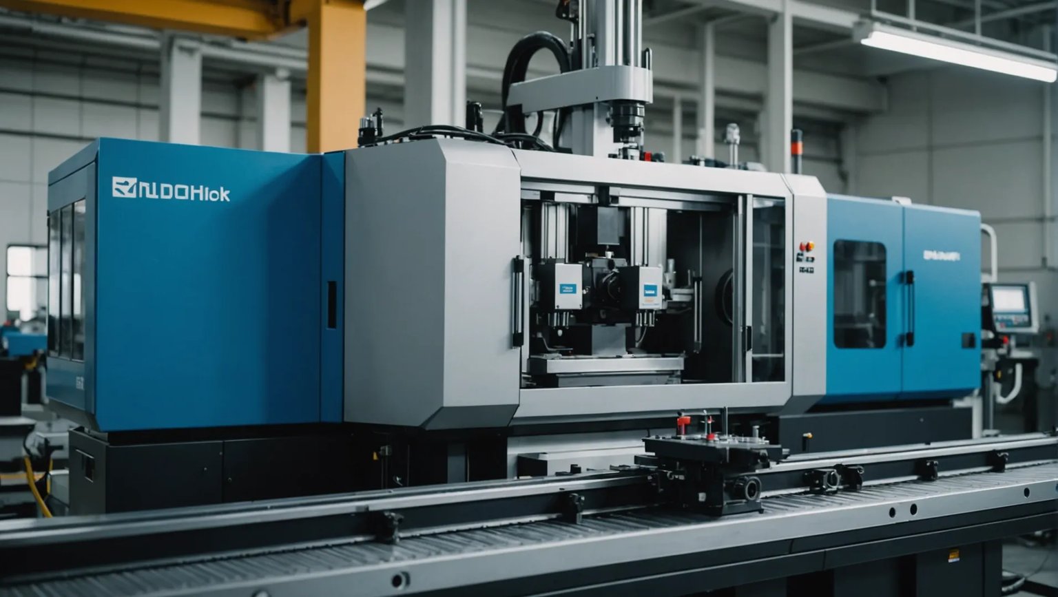 Injection molding machine with a focus on mold design adjustments.