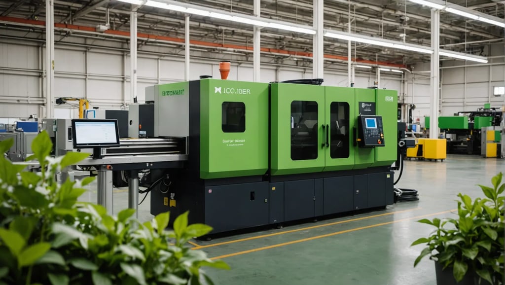 Injection molding machine with eco-friendly symbols and green foliage