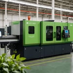 Injection molding machine with eco-friendly symbols and green foliage