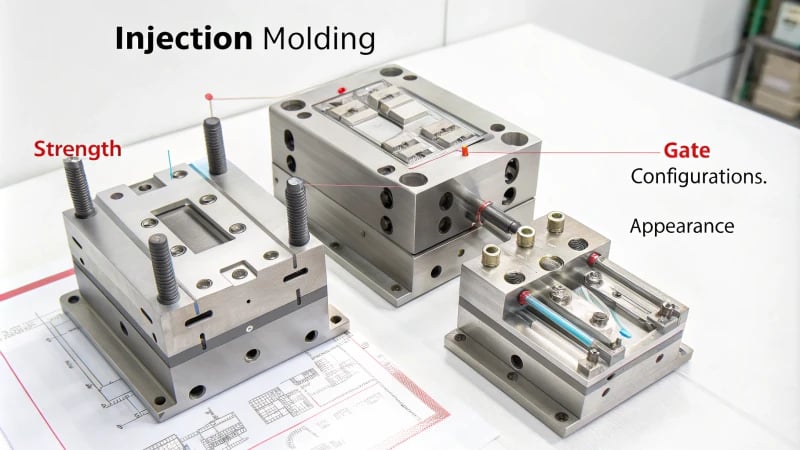 Injection Molding Gate Configurations Diagram illustrating gate locations and sizes in injection molding