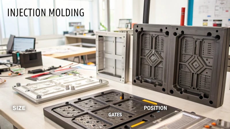 Technical illustration of injection molding gate designs