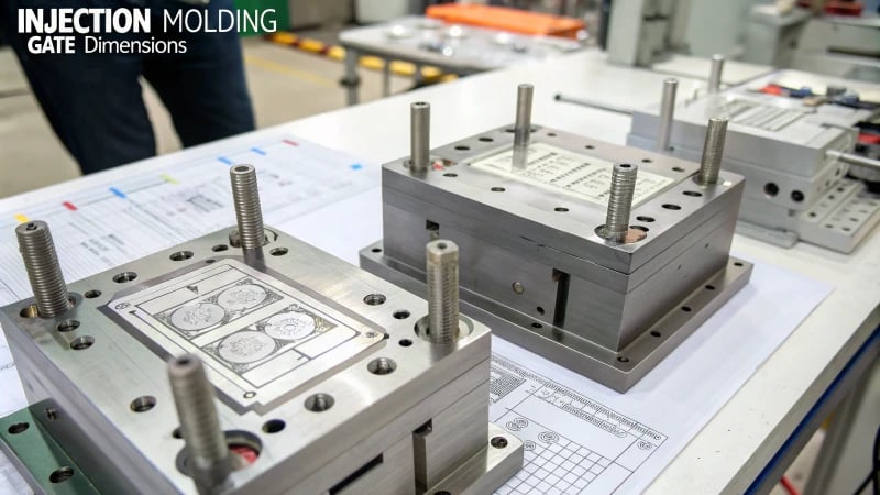 Illustration of injection molding gate dimensions in a workshop setting