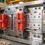 Close-up of an injection molding machine's mold cavity with labeled gates