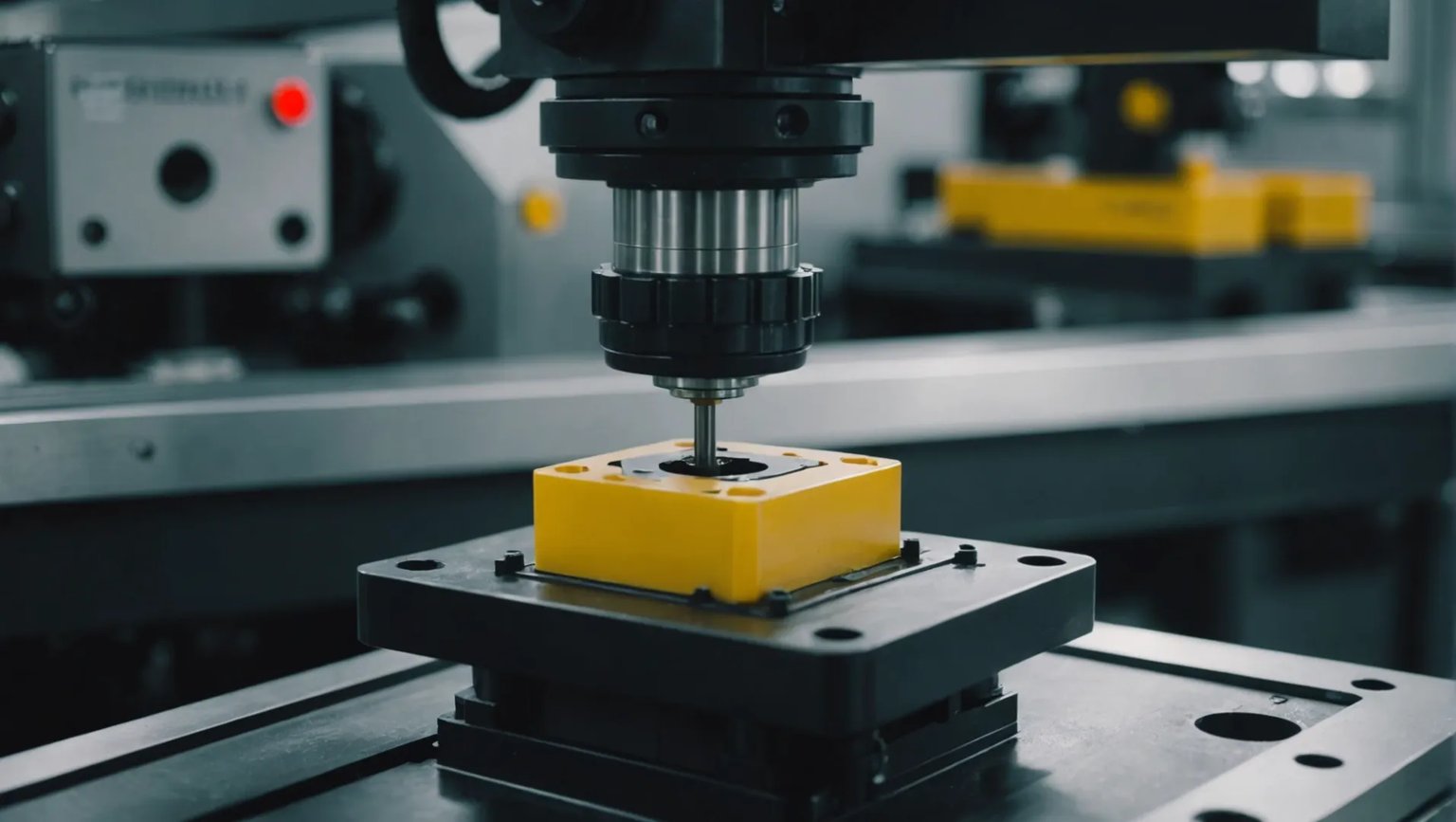 Close-up of an injection molding machine producing plastic parts