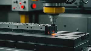 Close-up of an injection molding machine in operation