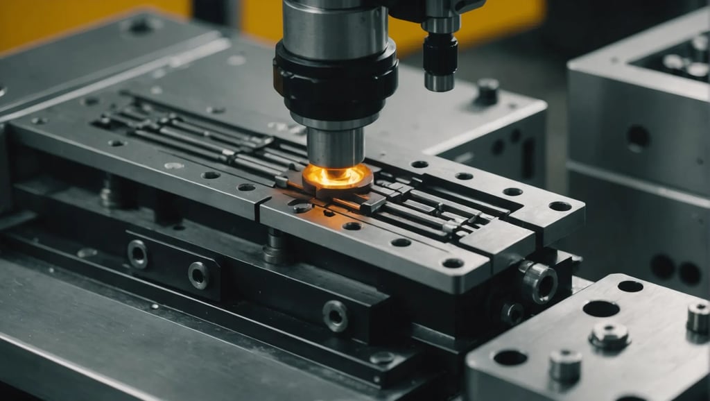 Close-up view of an injection molding machine in operation, with focus on the mold and ejector pins.