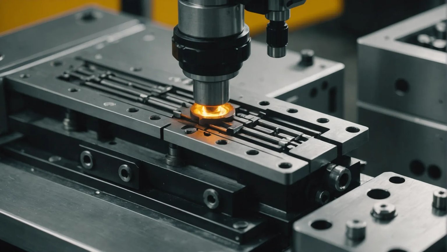 Close-up view of an injection molding machine in operation, with focus on the mold and ejector pins.