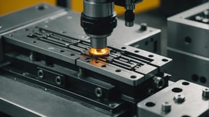 Close-up view of an injection molding machine in operation, with focus on the mold and ejector pins.