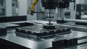 Close-up of an injection molding machine in operation