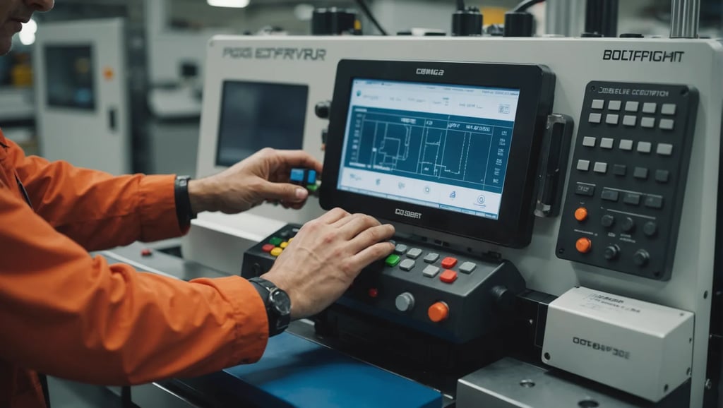 Close-up of an injection molding machine with operator adjusting settings