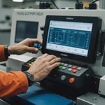 Close-up of an injection molding machine with operator adjusting settings