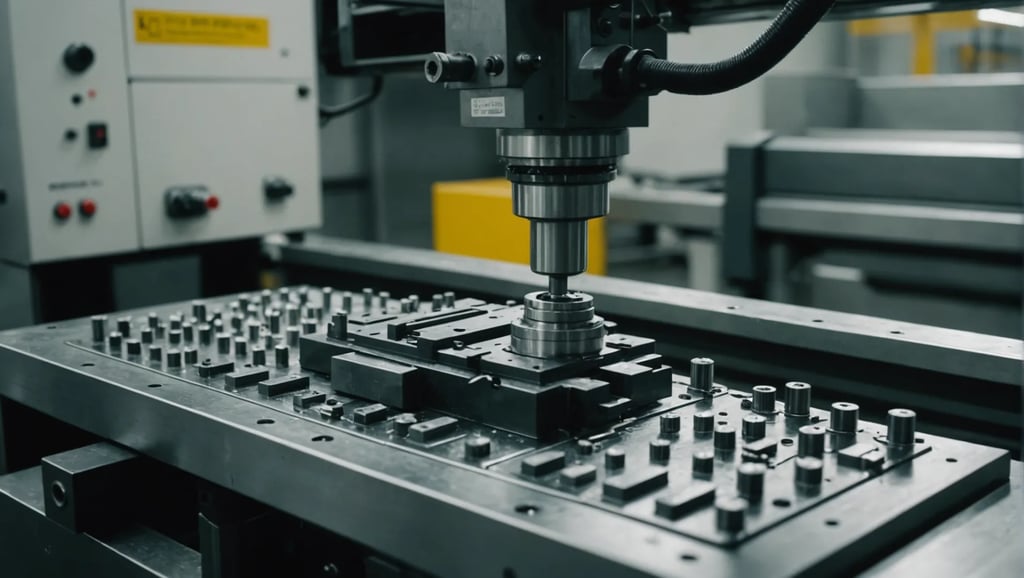 Close-up view of an injection molding machine in operation