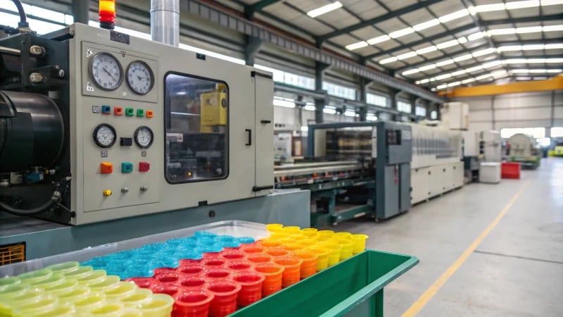 Close-up of an injection molding machine with molten plastic flowing through molds