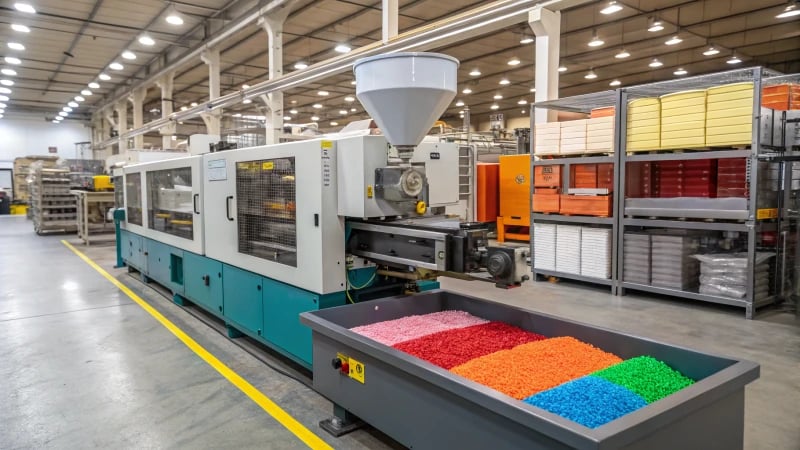 A multi-stage injection molding machine processing colored plastic pellets in a factory setting.