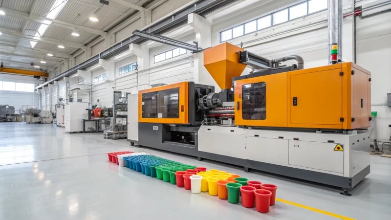 A modern injection molding machine operating on a factory floor