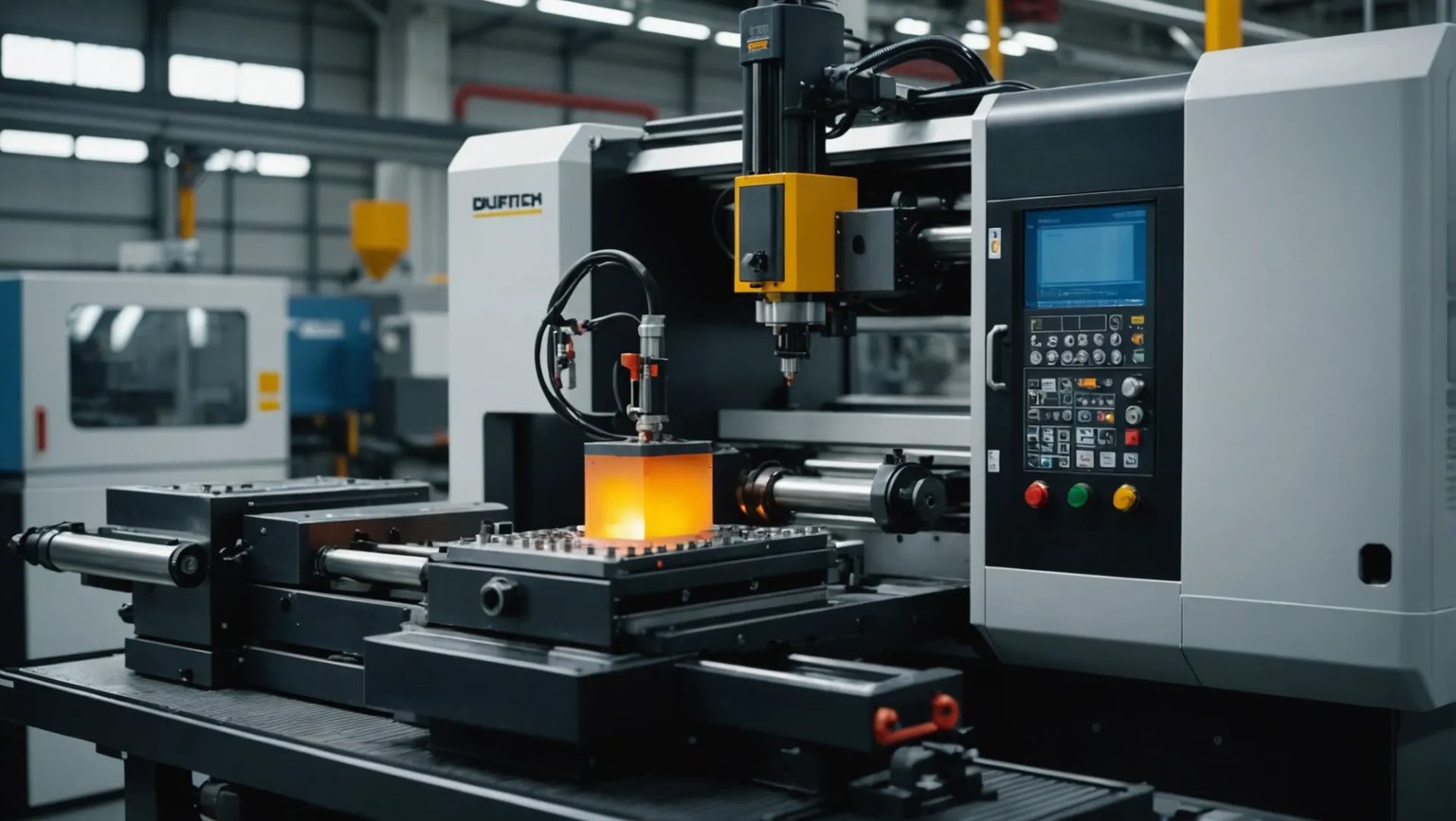 Injection molding machine creating a hollow plastic part