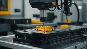 Injection molding machine in operation with plastic products