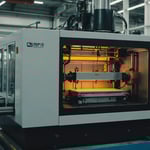 Injection molding machine operating with glowing mold and precision control panel.