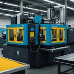 Injection molding machine creating plastic boxes