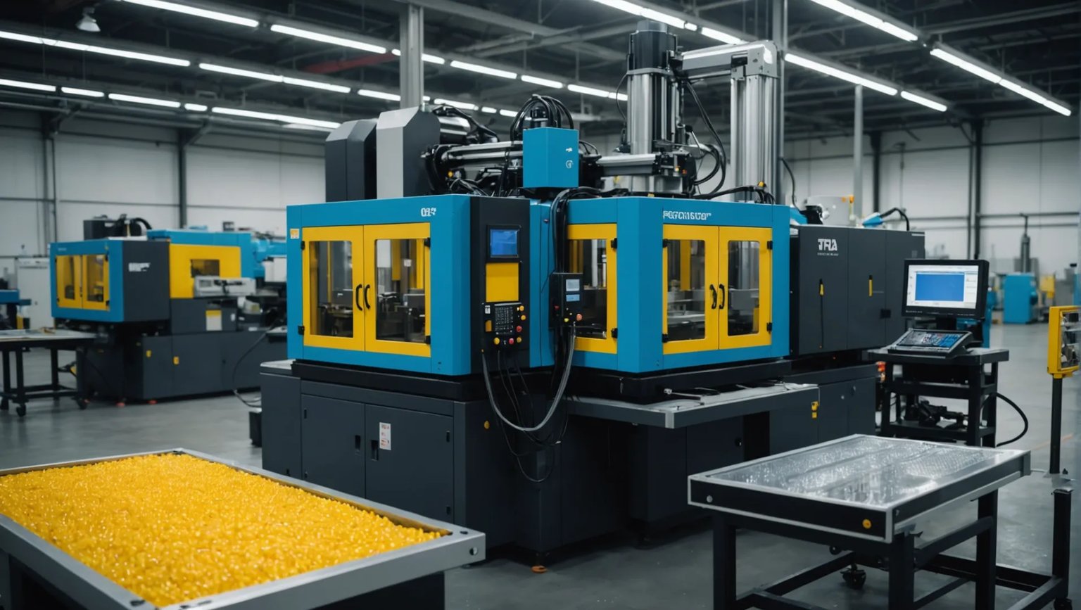 Injection molding machine creating plastic boxes