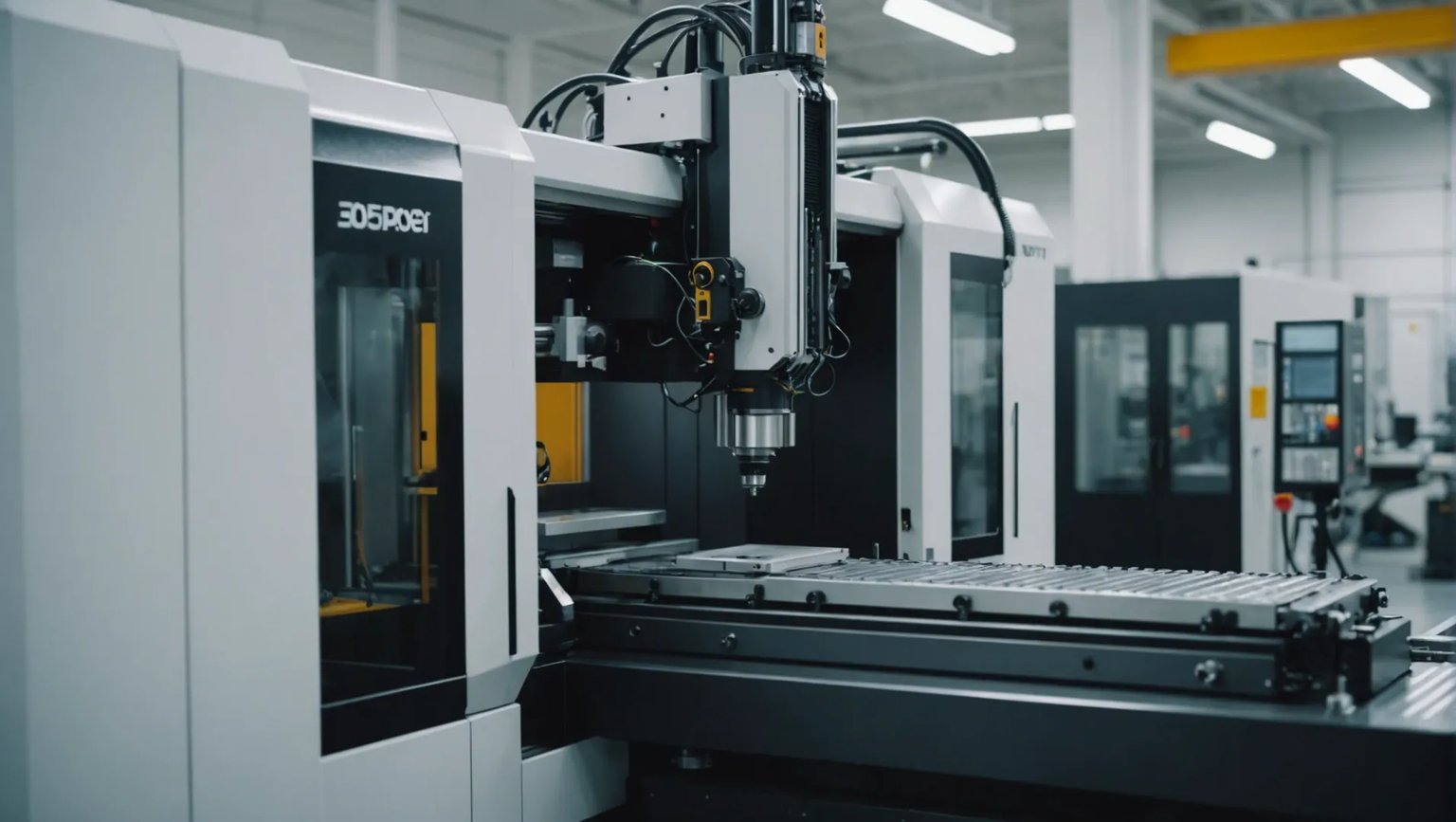 An injection molding machine in operation, producing plastic parts