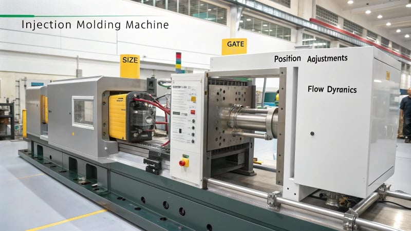 Technical illustration of an injection molding machine highlighting the gate system