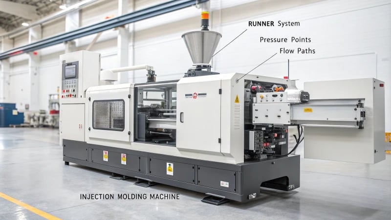 Detailed diagram of an injection molding machine illustrating gate operations