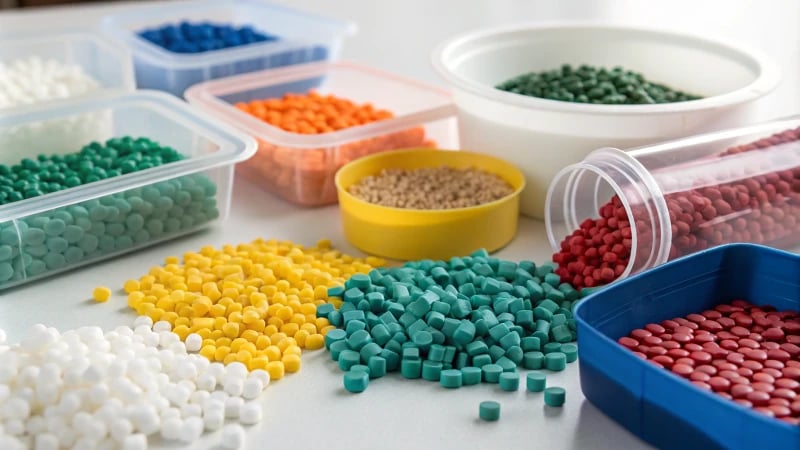 Display of various plastic materials on a wooden workbench