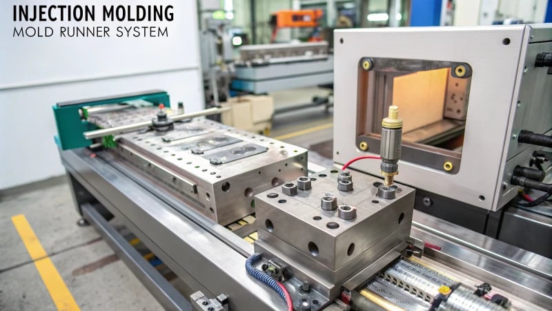 Technical illustration of an injection molding mold runner system