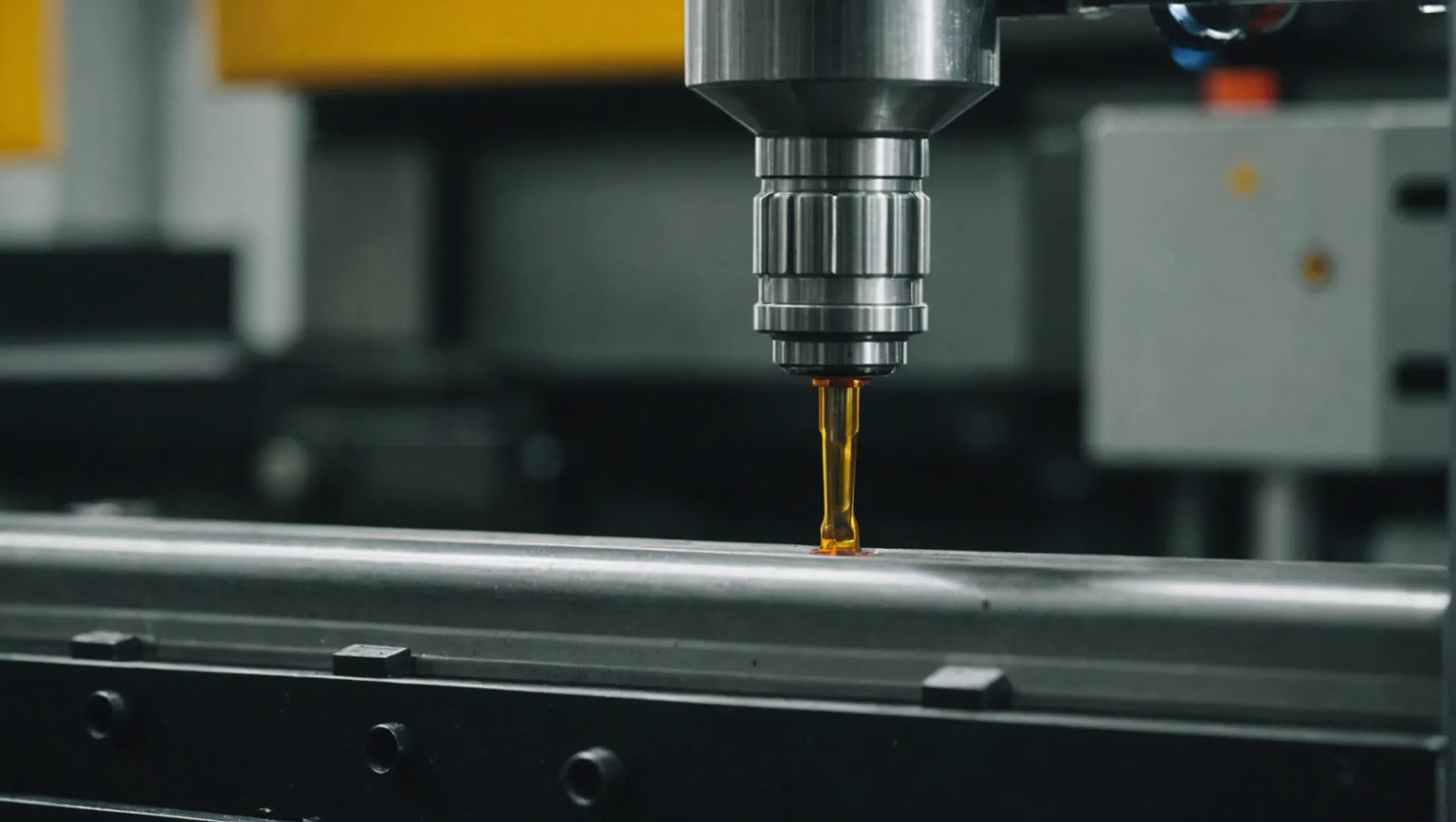 Close-up of an injection molding machine with a focus on the nozzle