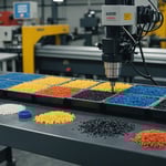 Various types of plastics for injection molding displayed in a factory setting.