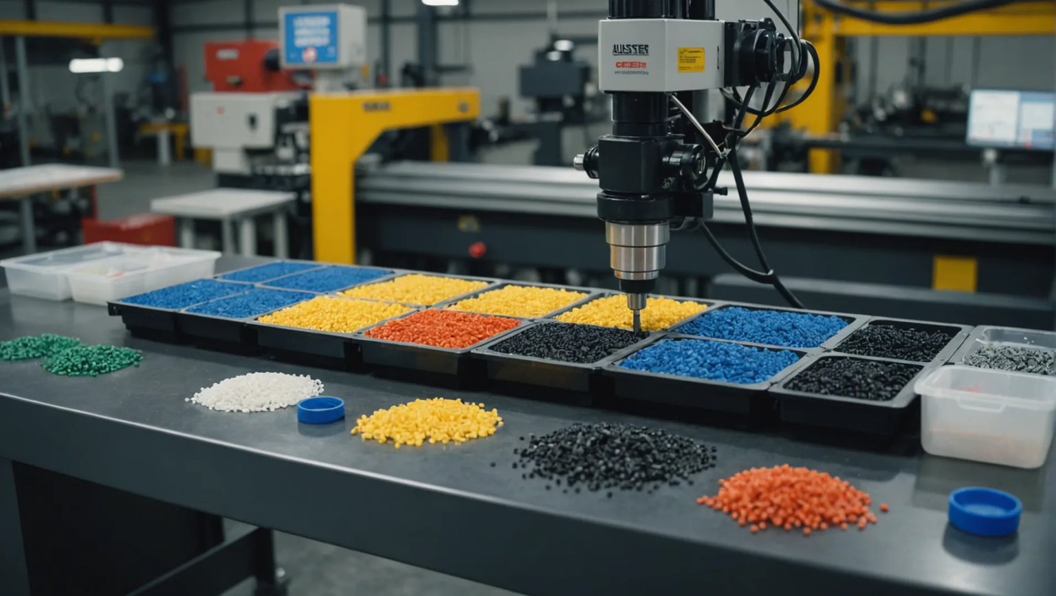 Various types of plastics for injection molding displayed in a factory setting.