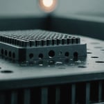 Close-up view of a porous plastic product from injection molding