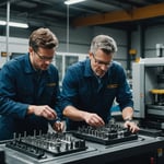Engineers inspecting an injection molding machine and mold components.