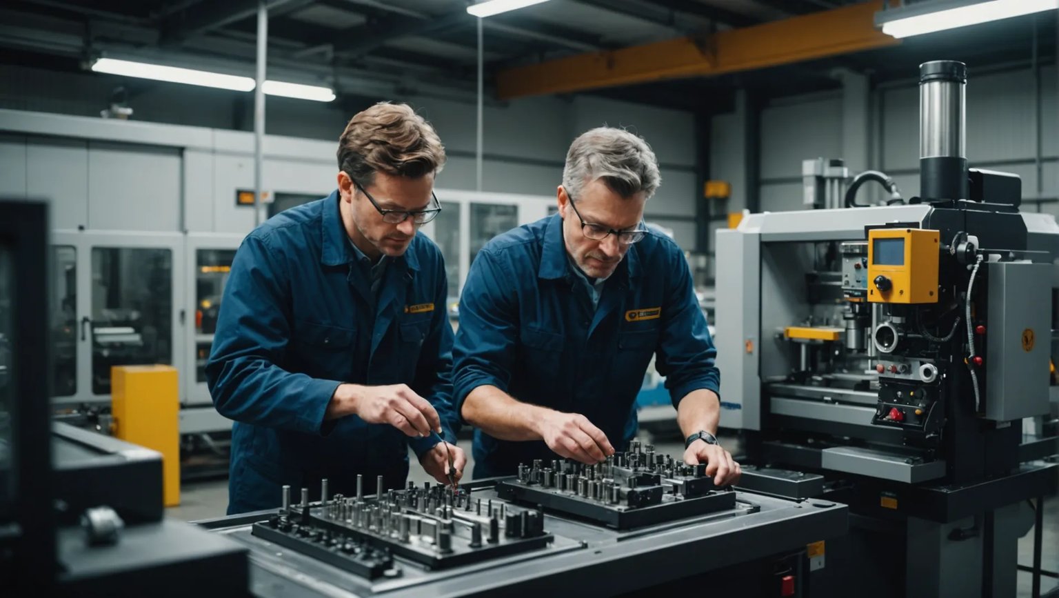 Engineers inspecting an injection molding machine and mold components.